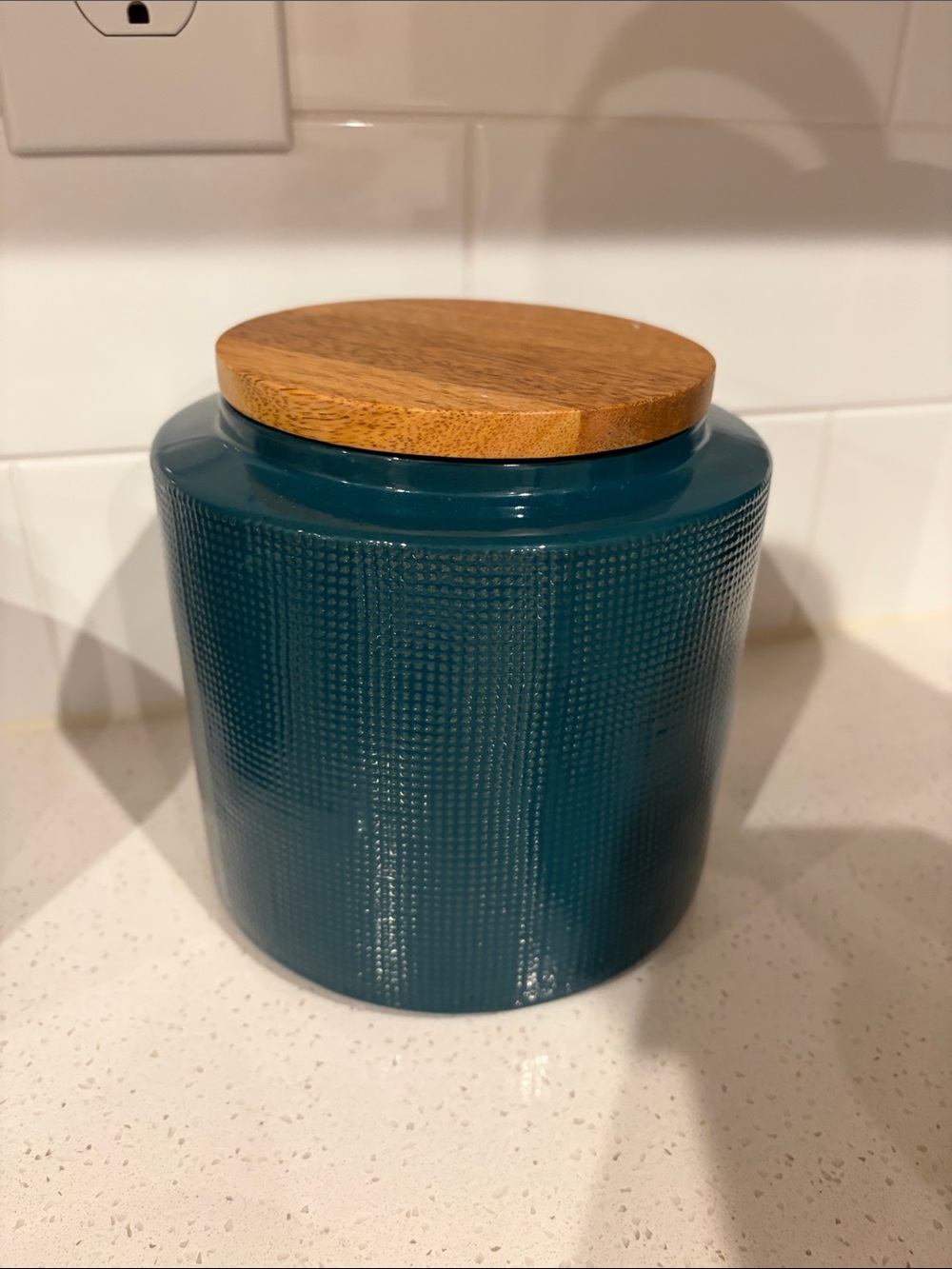 Crate&Barrel Teal Textured Ceramic Canister with Wooden Lid